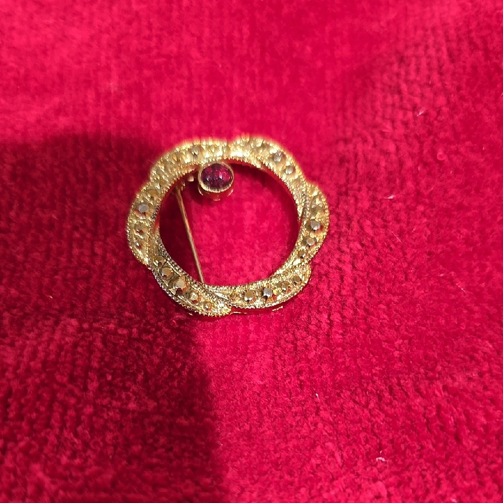 Elegant Gold Brooch with Red Ruby Accent. Layered in 14kt gold.